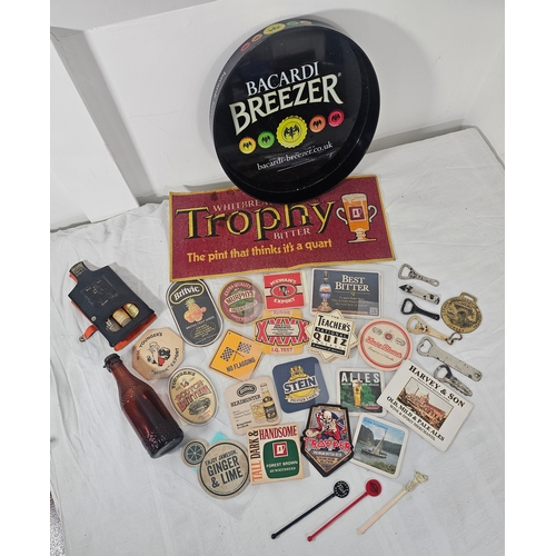 150 - Breweriana Assortment of Beer Mats, Bottle Openers, Drinks Tray