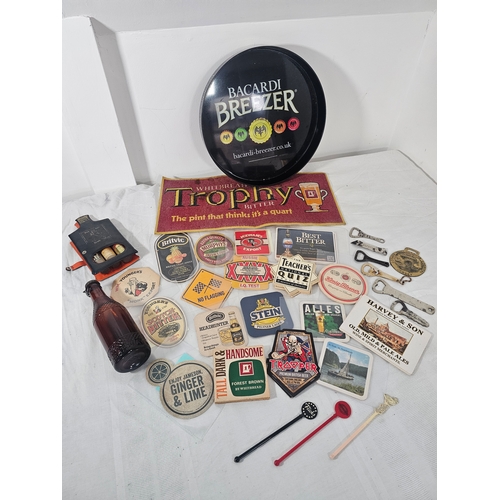 150 - Breweriana Assortment of Beer Mats, Bottle Openers, Drinks Tray