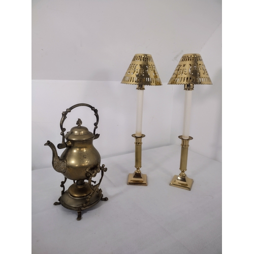 164 - Antique Brass Tilting Spirit Kettle With Brass Stand And Burner & A Pair of Mid-Century Polished Bra... 