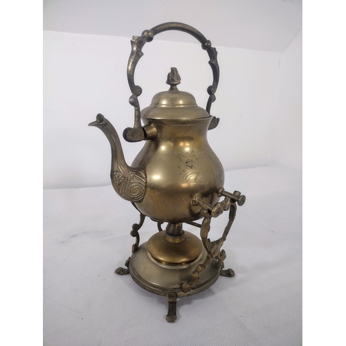 164 - Antique Brass Tilting Spirit Kettle With Brass Stand And Burner & A Pair of Mid-Century Polished Bra... 