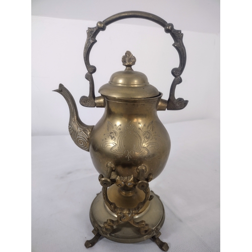 164 - Antique Brass Tilting Spirit Kettle With Brass Stand And Burner & A Pair of Mid-Century Polished Bra... 