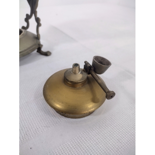 164 - Antique Brass Tilting Spirit Kettle With Brass Stand And Burner & A Pair of Mid-Century Polished Bra... 