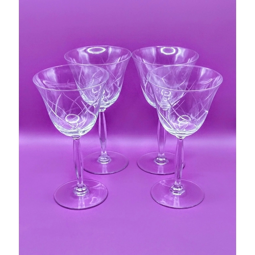 5 - Set of Four Delicate Etched Crystal Wine Glasses, Possibly French, Featuring Swirl Patterns, Likely ... 