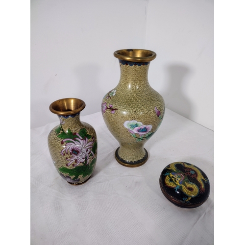 12 - Mid-20th Century Chinese Cloisonné Collection Featuring Two Vases With Chrysanthemum And Plum Blosso... 