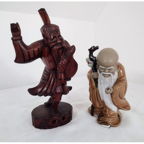 14 - Pair Of Mid-Century Rosewood and Ceramic Chinese Immortal Figures