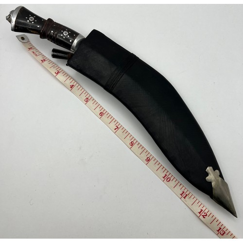 20 - Early to Mid 20th Century Kukri Knife with Horn Grip and Lion Mask Pommel in Leather Scabbard with A... 