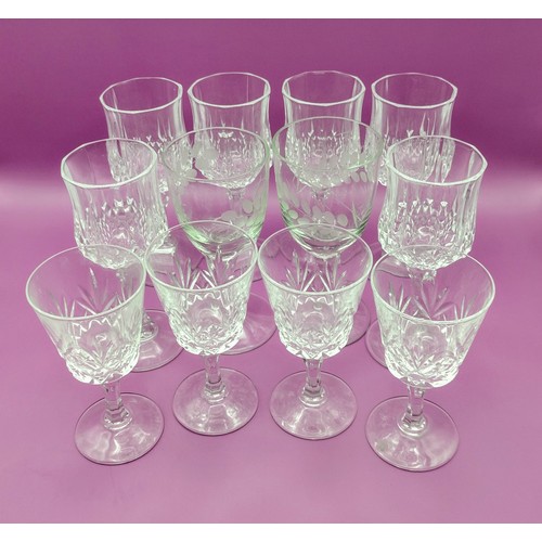 23 - Set of Twelve Crystal Sherry Glasses Featuring Etched and Cut Patterns in Varying Designs (Six, Four... 