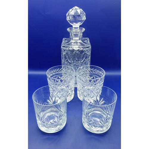 59 - Set of Heavy Lead Crystal Whiskey Decanter and 2 Pairs of Tumblers Featuring Intricate Cut Designs