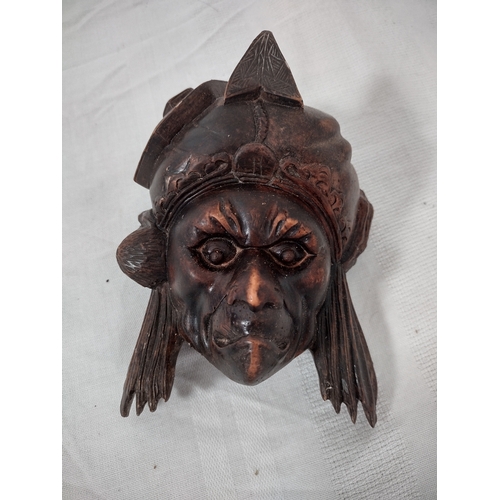 68 - Hand-Carved Mid-20th Century Japanese Oni Mask, Featuring Intricate Demon Depiction in Dark Wood app... 