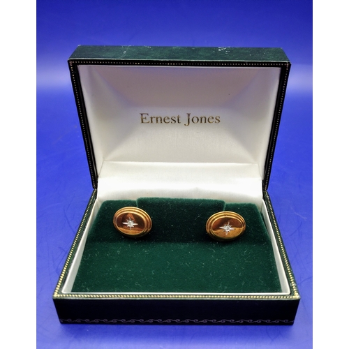 8 - 9ct Yellow Gold Oval Shaped Cuff Links, Diamonds Set in a Starburst to Centres approx 6.5g