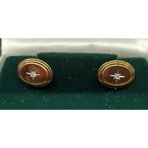 8 - 9ct Yellow Gold Oval Shaped Cuff Links, Diamonds Set in a Starburst to Centres approx 6.5g