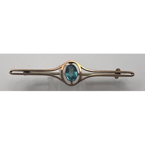 14 - 9ct Gold Bar Brooch with Aquamarine 2.5g Approx (acid test no HM)