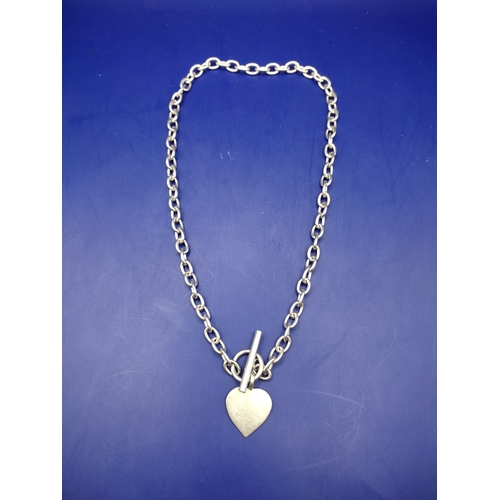 44 - Sterling Silver 17 Inch Chain Necklace with Heart Charm and Toggle Clasp, Hallmarked C M E Jewellery... 