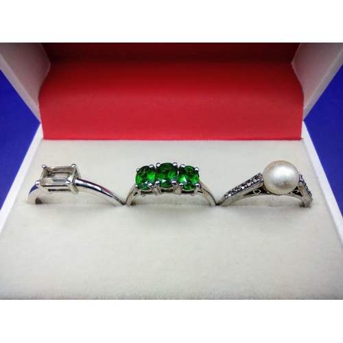 45 - 3 Silver Hall Marked Rings - 1) Cubic Zirconia Size O 2) Chrome Diopside Gemstones Size P 3) Art Dec... 