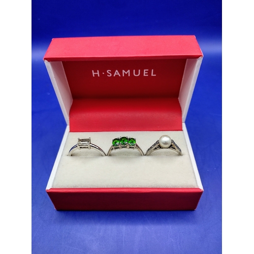 45 - 3 Silver Hall Marked Rings - 1) Cubic Zirconia Size O 2) Chrome Diopside Gemstones Size P 3) Art Dec... 