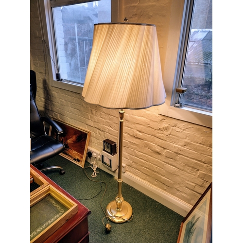 53 - Vintage Brass Floor Lamp with Adjustable Arm and Pleated Cream Shade, Featuring Twin Bulb Fittings, ... 