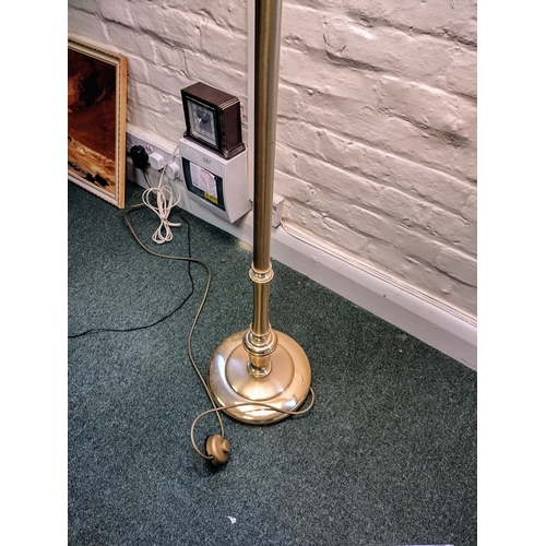 53 - Vintage Brass Floor Lamp with Adjustable Arm and Pleated Cream Shade, Featuring Twin Bulb Fittings, ... 