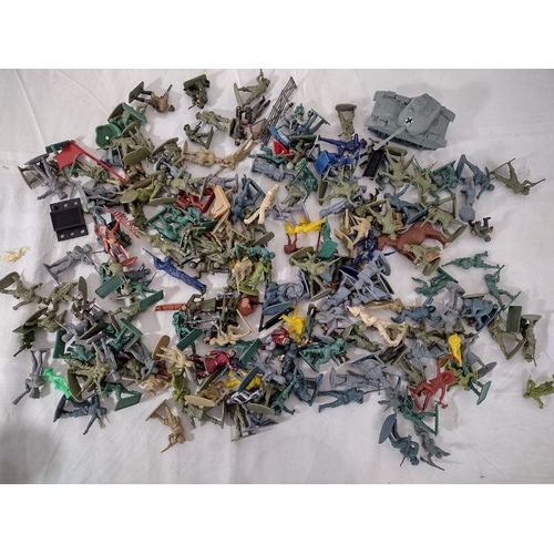 64 - Collection of Vintage Plastic Toy Soldiers and Accessories, Including Military, Cowboy, and Native A... 