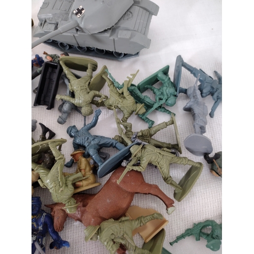 64 - Collection of Vintage Plastic Toy Soldiers and Accessories, Including Military, Cowboy, and Native A... 