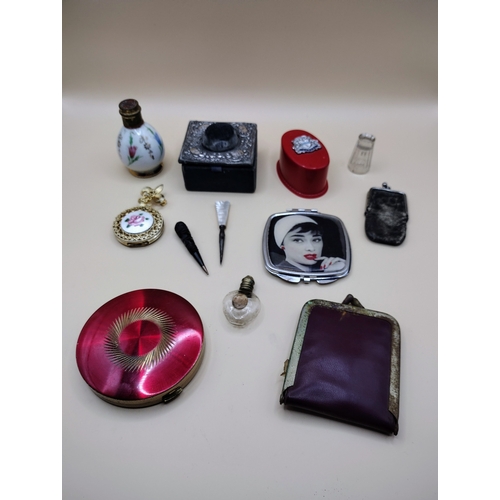 67 - Interesting Collection of Vintage Personal and Vanity Items, Including Perfume Bottles, Compacts, Se... 