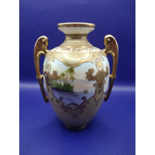 68 - Morimura Brothers Japanese Bolted Urn Top Portion, Early 1900s, Hand-Painted Landscape Scene with Gi... 