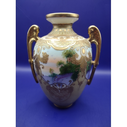 68 - Morimura Brothers Japanese Bolted Urn Top Portion, Early 1900s, Hand-Painted Landscape Scene with Gi... 