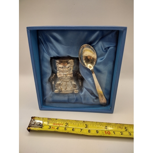 83 - Silver-Plated Humpty Dumpty Christening Egg Cup and Spoon Set in Original Presentation Box, Circa 19... 