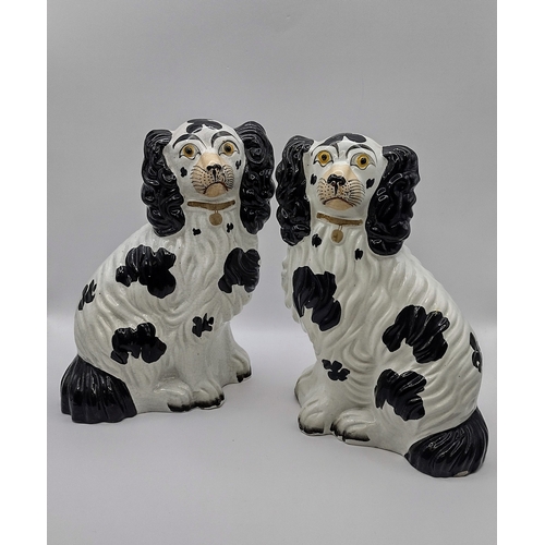 96 - Pair of 19th Century Staffordshire Black and White Spaniel Figures with Padlock Collars, Crazed Glaz... 