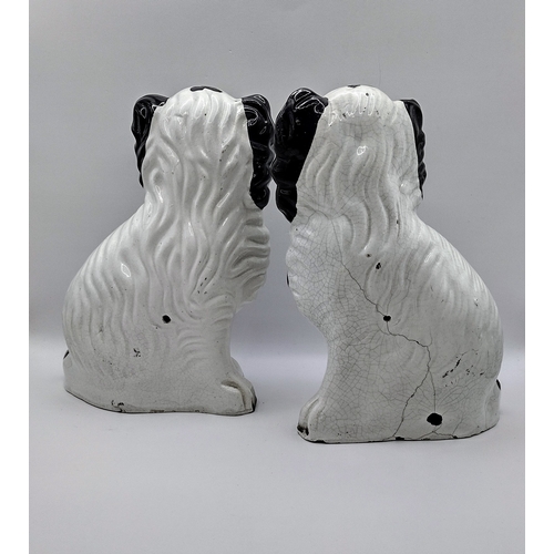 96 - Pair of 19th Century Staffordshire Black and White Spaniel Figures with Padlock Collars, Crazed Glaz... 