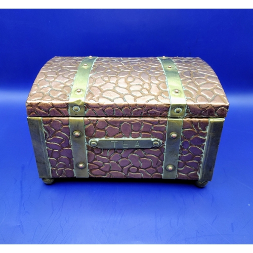 104 - Vintage Hammered Copper and Brass Tea Caddy in Trunk Form, Arts and Crafts Style