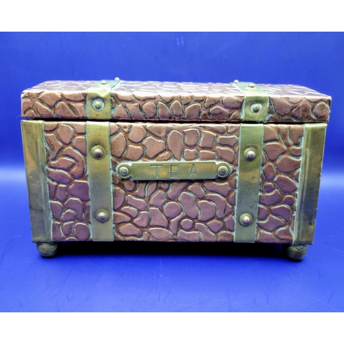 104 - Vintage Hammered Copper and Brass Tea Caddy in Trunk Form, Arts and Crafts Style