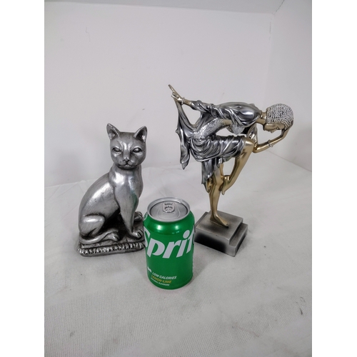 130 - Pair of Decorative Figurines Featuring a Silver-tone Cat and an Art Deco-inspired Dancing Female Fig... 