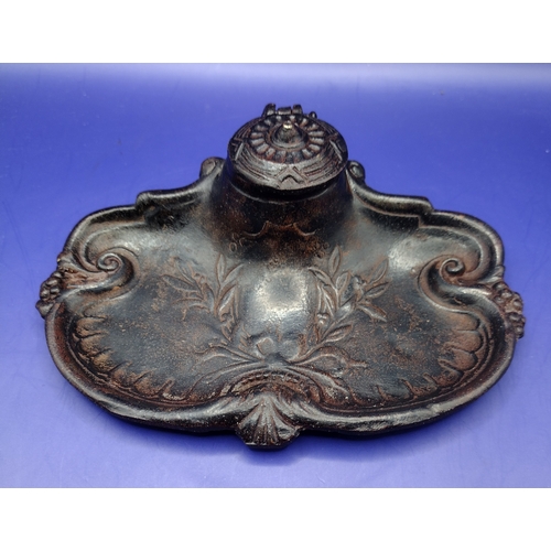 131 - Victorian Cast Iron Rococo Revival Inkwell with Ornate Floral Designs, Late 19th Century