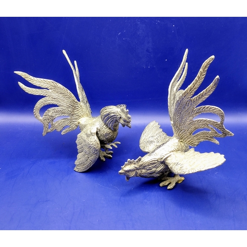 143 - Pair of 1930s–1950s Silver-Plated Brass Fighting Cockerel Figurines, Approx 5 Inches High