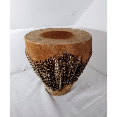 144 - Mid Century West African Fur-Covered Handcrafted Drum, Traditional Design with Natural Animal Hide, ... 