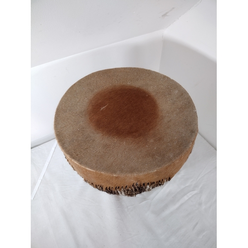 144 - Mid Century West African Fur-Covered Handcrafted Drum, Traditional Design with Natural Animal Hide, ... 