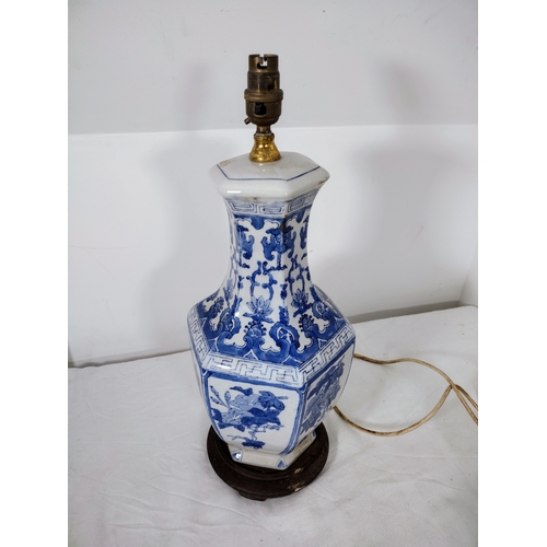 145 - Mid-20th Century Chinese Porcelain Lamp (untested), Blue & White Tea Caddy Featuring Scenic Panels, ... 