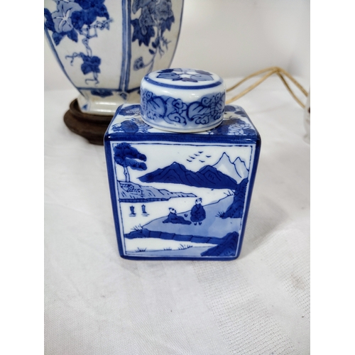 145 - Mid-20th Century Chinese Porcelain Lamp (untested), Blue & White Tea Caddy Featuring Scenic Panels, ... 