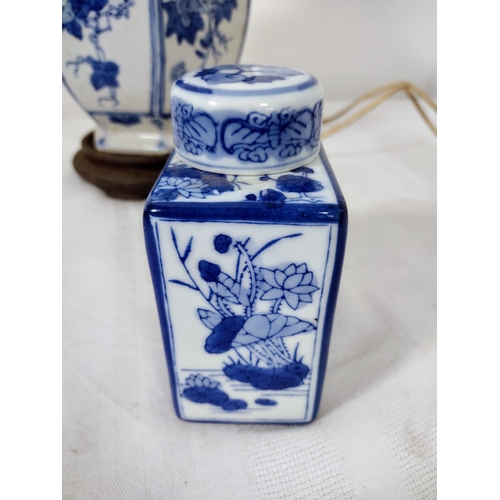 145 - Mid-20th Century Chinese Porcelain Lamp (untested), Blue & White Tea Caddy Featuring Scenic Panels, ... 