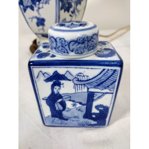 145 - Mid-20th Century Chinese Porcelain Lamp (untested), Blue & White Tea Caddy Featuring Scenic Panels, ... 