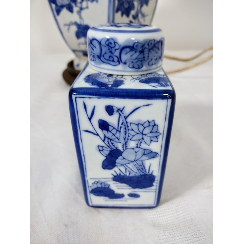 145 - Mid-20th Century Chinese Porcelain Lamp (untested), Blue & White Tea Caddy Featuring Scenic Panels, ... 