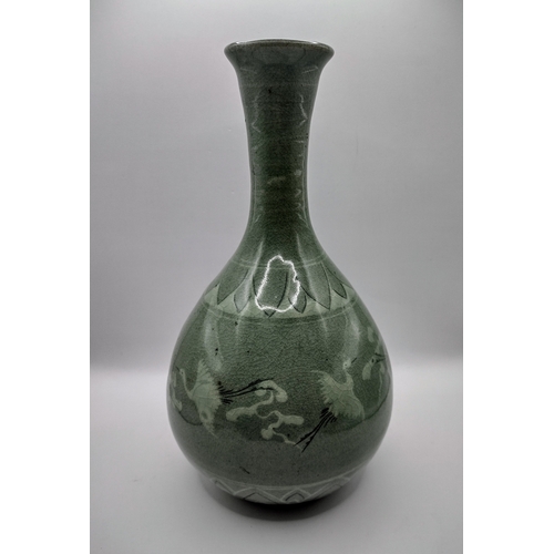 151 - Korean Late Joseon Period Celadon Vase with Crane and Cloud Motifs, Qingxi (‘Clear Stream and Clouds... 