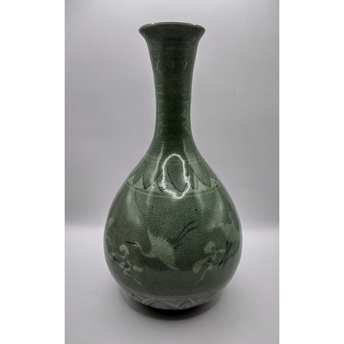 151 - Korean Late Joseon Period Celadon Vase with Crane and Cloud Motifs, Qingxi (‘Clear Stream and Clouds... 