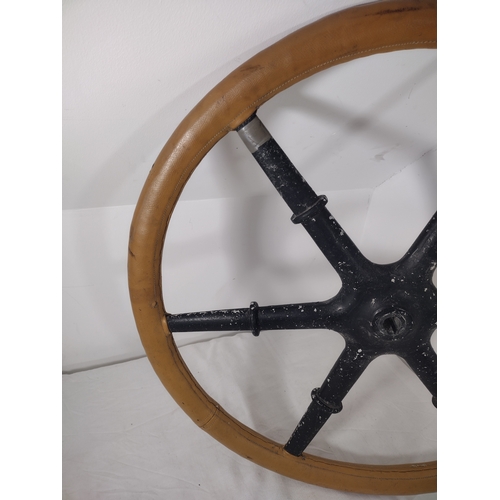 172 - Large 30-Inch Yacht Steering Wheel Featuring Six-Spoke Design, Leather-Wrapped Rim and Black Cast Ir... 