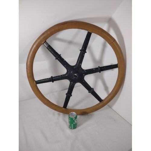 172 - Large 30-Inch Yacht Steering Wheel Featuring Six-Spoke Design, Leather-Wrapped Rim and Black Cast Ir... 