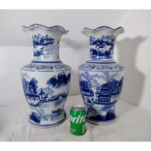 199 - Pair of Republic Period Blue and White Chinese Porcelain Vases, Circa 1920–1940, Featuring Hand-Pain... 