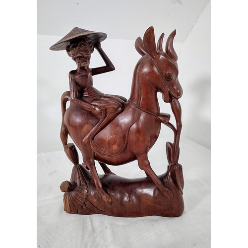 218 - Vintage Hand-Carved Wooden Figure of an Elder Riding a Deer, Possibly Inspired by Laozi or Daoist Sy... 