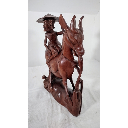 218 - Vintage Hand-Carved Wooden Figure of an Elder Riding a Deer, Possibly Inspired by Laozi or Daoist Sy... 