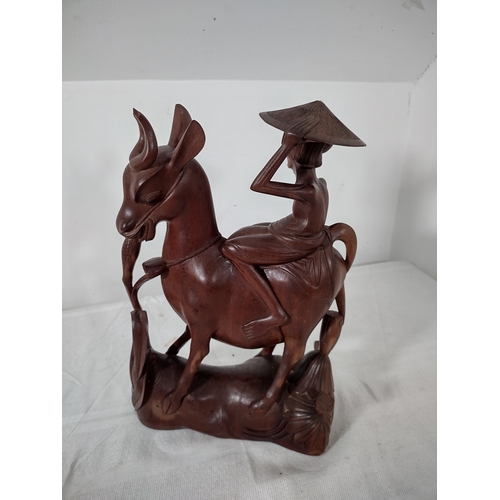 218 - Vintage Hand-Carved Wooden Figure of an Elder Riding a Deer, Possibly Inspired by Laozi or Daoist Sy... 