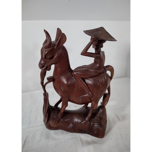 218 - Vintage Hand-Carved Wooden Figure of an Elder Riding a Deer, Possibly Inspired by Laozi or Daoist Sy... 